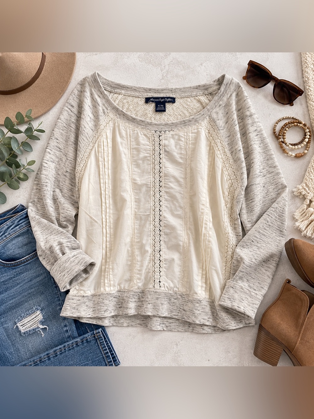 American Eagle XL Mixed Media Lace Pintuck Boho Sweater Top Cream Gray